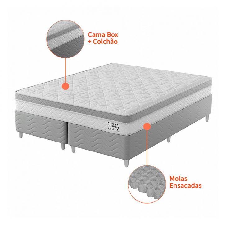 [OUTLET] Cama Box com Colchão Queen Sigma Molas Ensacadas (22x158x198) Branco e Cinza