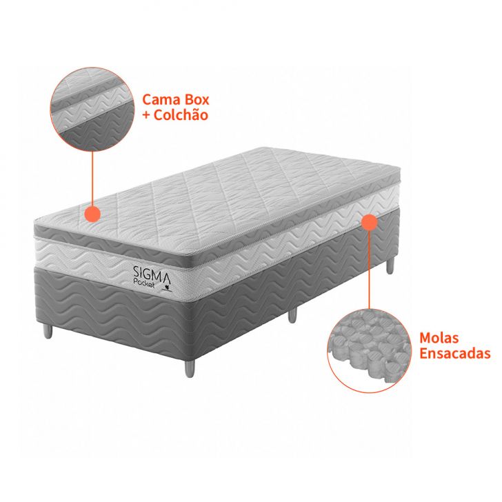 [OUTLET] Cama Box com Colchão Solteirão Sigma Molas Ensacadas (22x108x198) Branco e Cinza