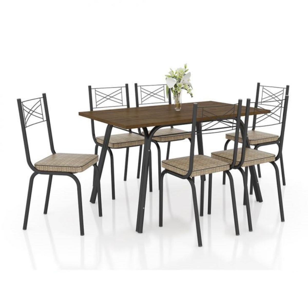 [OUTLET] Conjunto de Mesa com 6 Cadeiras Lotus Preto Fosco com Rattan